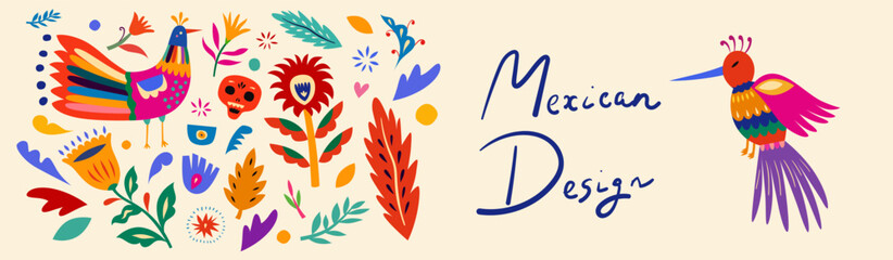 Fototapeta premium Beautiful vector banner with design for Mexican holiday 5 may Cinco De Mayo. Vector template with traditional Mexican symbols.