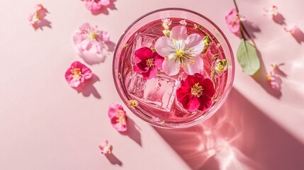 A floral-infused cocktail with edible flowers floating on top, elegantly placed against a soft pink background