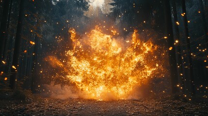 Fiery Explosion In A Dark Forest Setting