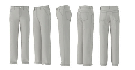 Mens White Pants Mockup, Front, Back, Side, 3 4 View, Straight Fit, 3D Render