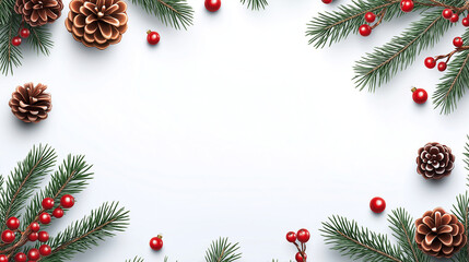 Elegant Christmas border featuring lush pine branches, delicate snowflakes, and vibrant red berries on a crisp white background, creating a festive and wintery design perfect for holiday themes