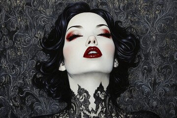 Naklejka premium Elegant woman with dark makeup and intricate lace design against textured background