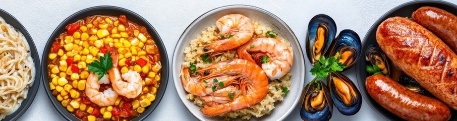 Overhead view of four dishes pasta, shrimp and corn, shrimp risotto, mussels, and grilled sausages. The food is visually appealing and perfect for a