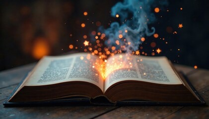 Mystical sparks dance across an ancient book's pages, captivating, mystical