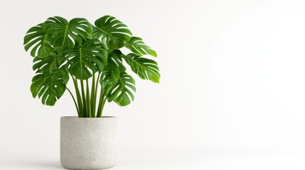Fototapeta premium Vibrant green plant in a speckled gray pot against a plain white background. The image features bright lighting and a minimalist aesthetic