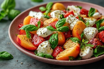 Fresh Alaskan peach salad with mozzarella and basil on white plate