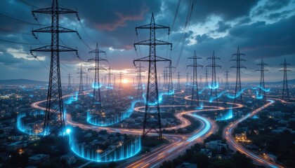 Stunning Landscape of Power Lines and Cityscape Illuminated by Digital Energy Waves at Sunset