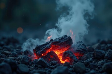 Smoldering embers glow softly amidst a sea of smoky haze, ash, foggy