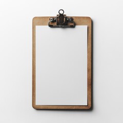 A simple clipboard with a blank sheet of paper, realistic shadows, white background