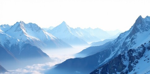 Fototapeta premium Snow-capped mountains fade into white horizon, calm, vast