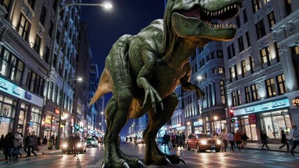 A T-Rex roams a city street at night, captured from a low-angle, blending CGI with live-action video for a dramatic, surreal effect.