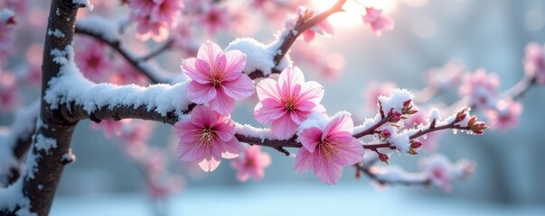 Snow-covered cherry blossom tree in frosty morning, snowcovered, still life, isolated