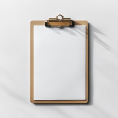 A simple clipboard with a blank sheet of paper, realistic shadows, white background