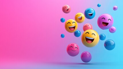Colorful floating smiley faces on pink and blue gradient background representing joy and fun for april fool's day theme concept
