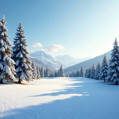 Fototapeta premium Snow-covered hills and trees on a peaceful golf course, quiet solitude, tranquil scene, snow covered hills