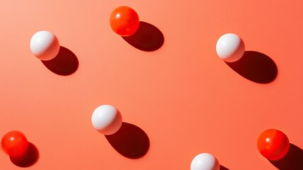 Minimalist arrangement of red and white spheres casting shadows on orange background for april fool's day theme