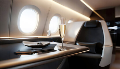 Luxurious private jet interior with champagne and fine dining experience