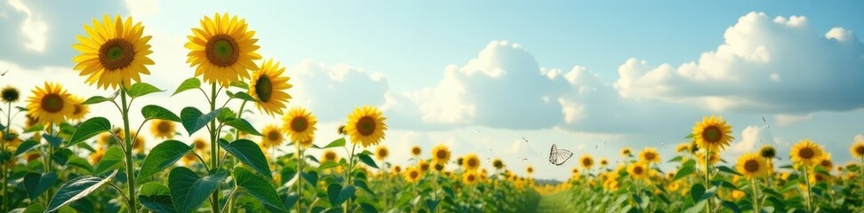 Obraz premium Tall sunflower stalks sway gently in cloudy breeze, greenery, breeze, tall sunflowers