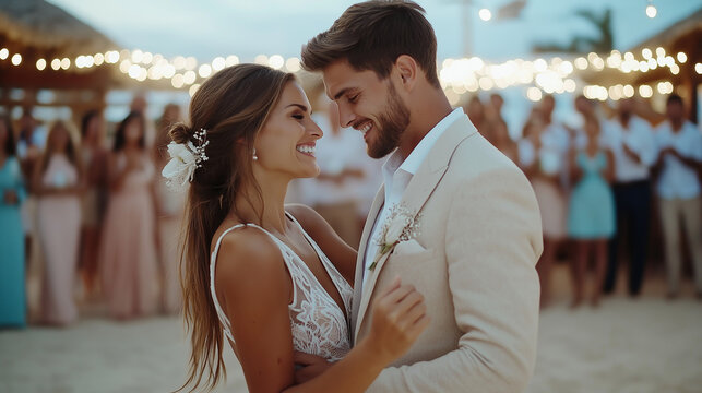 Happy newlyweds dancing at beach wedding under string lights