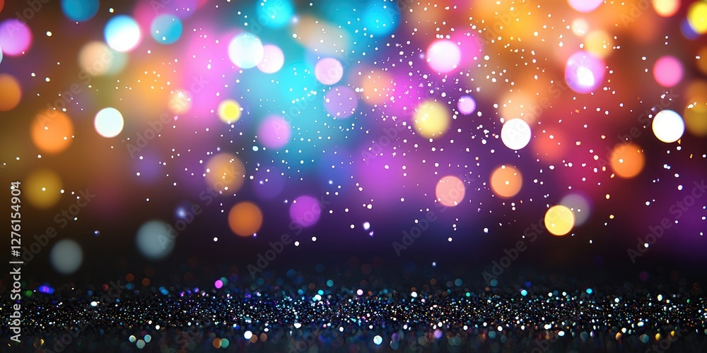 Aufkleber rainbow glitters and sequins falling from above, black background, colorful light, bokeh and sequins