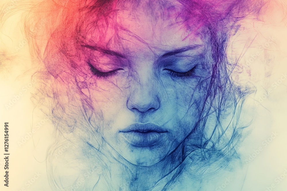 Poster colorful abstract portrait of a serene woman with closed eyes expressing tranquility and introspecti