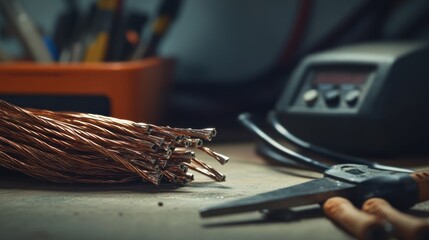 Damaged cables lying on a desk beside a toolbox. Featuring exposed copper wires and cuts