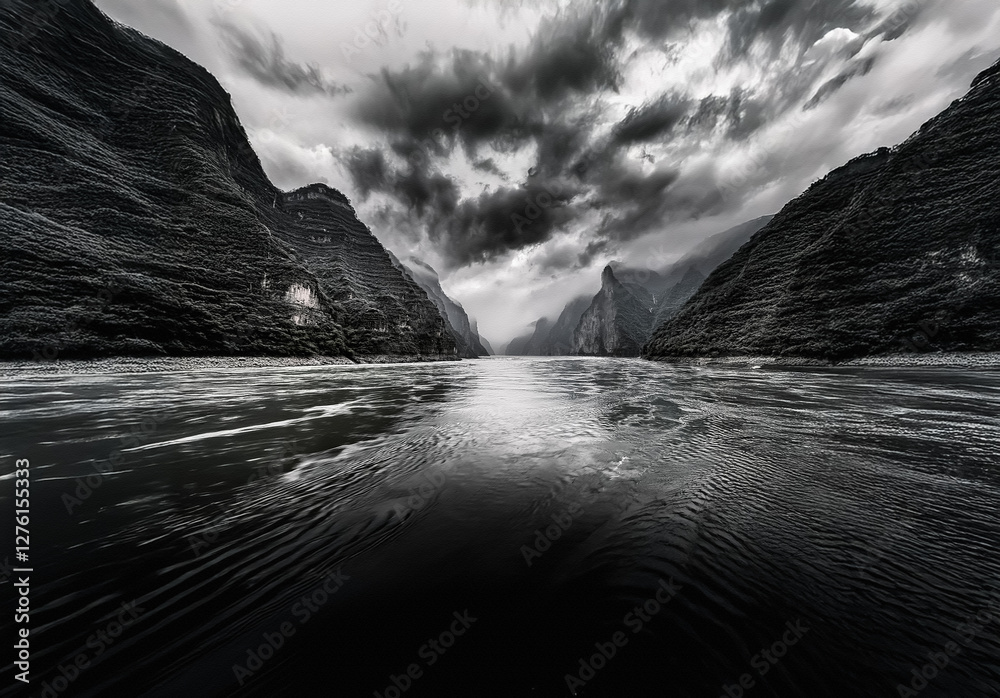 Aufkleber serene black and white scenery of a river flowing between mountains under a dramatic sky, creating a