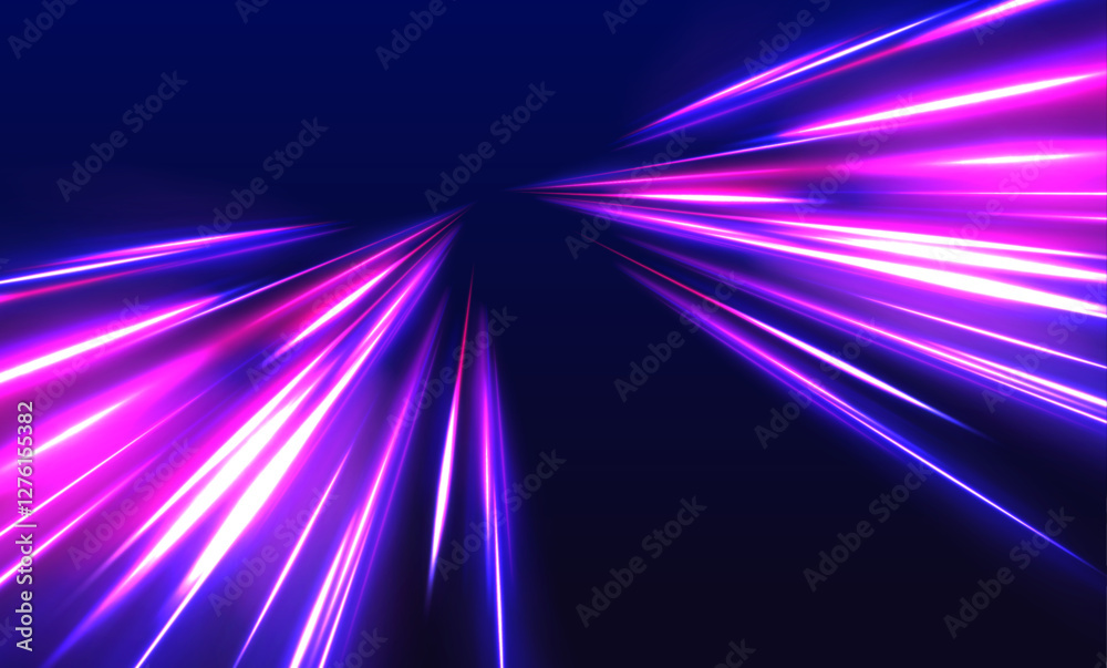 Poster Cosmic explosion with glowing light flares and sparks in red and blue. Dynamic special effects create a universe-inspired background for a celebration or high-energy event, with speed and motion.	