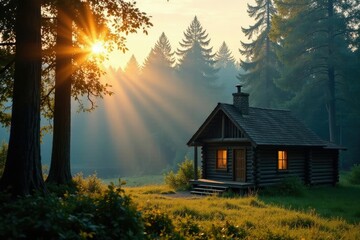 The small cabin's chimney rises above the trees as morning sunlight breaks slowly, dewy, sun, chimney