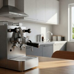 Silver coffee machine with cup on counter in kitchen