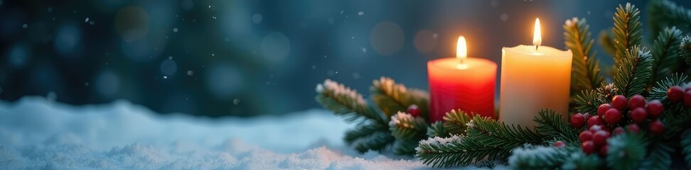 Three candles burning softly on fir branches with Christmas decorations, Christmas decor, snowy backdrop, evergreen