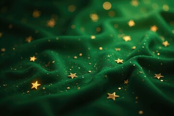 Tiny golden stars scattered across a dark green velvet background, shine, gold stars, luxury