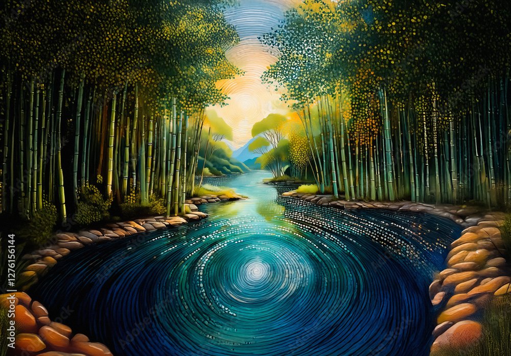 Aufkleber painting depicts a serene forest scene with tall trees lining a winding river. sunlight filters thro