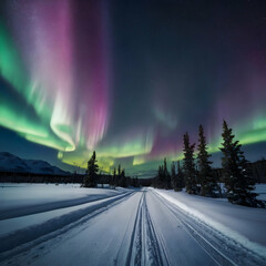 A snowy road stretching through a winter landscape, illuminated by the stunning Northern Lights above. The road should be lined with snowbanks, and the surrounding trees should be lightly covered.