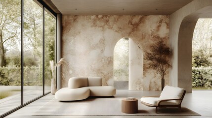 A stylish and modern living room with a statement wall and sleek furniture, representing contemporary interior design and luxury