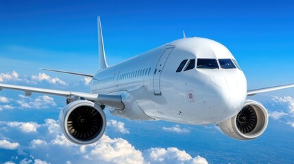 White passenger airplane in flight above fluffy white clouds against a vibrant blue sky. The aircraft is sharply in focus, showcasing details of its