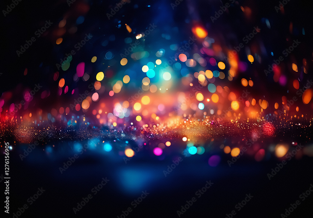 Poster colorful bokeh lights on a dark backdrop create a festive sparkly atmosphere. warm and cool tones bl