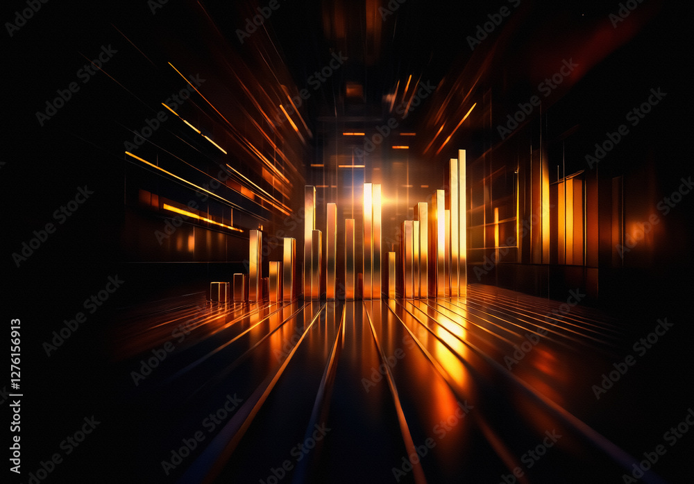 Aufkleber Abstract, futuristic, glowing bars stand in a dark space, illuminated with streaks of light, creating a sense of motion and digital energy.
