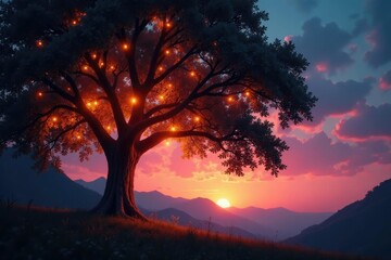 Fototapeta premium Twinkling fairy lights adorn the tree's canopy at dusk, sun, fairy, canopy