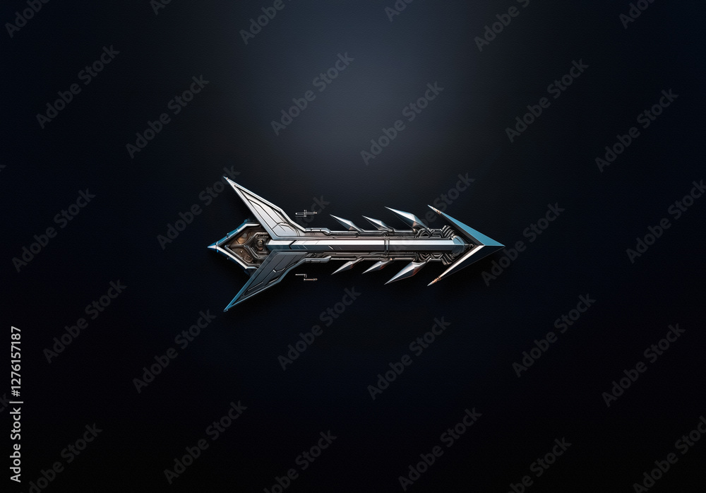 Poster Sleek, futuristic metallic object resembling an arrow with sharp edges and intricate details. Set on a dark backdrop, it has a mechanical, modern design.
