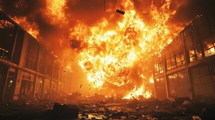 Naklejka premium Intense inferno engulfing a large building causing significant destruction