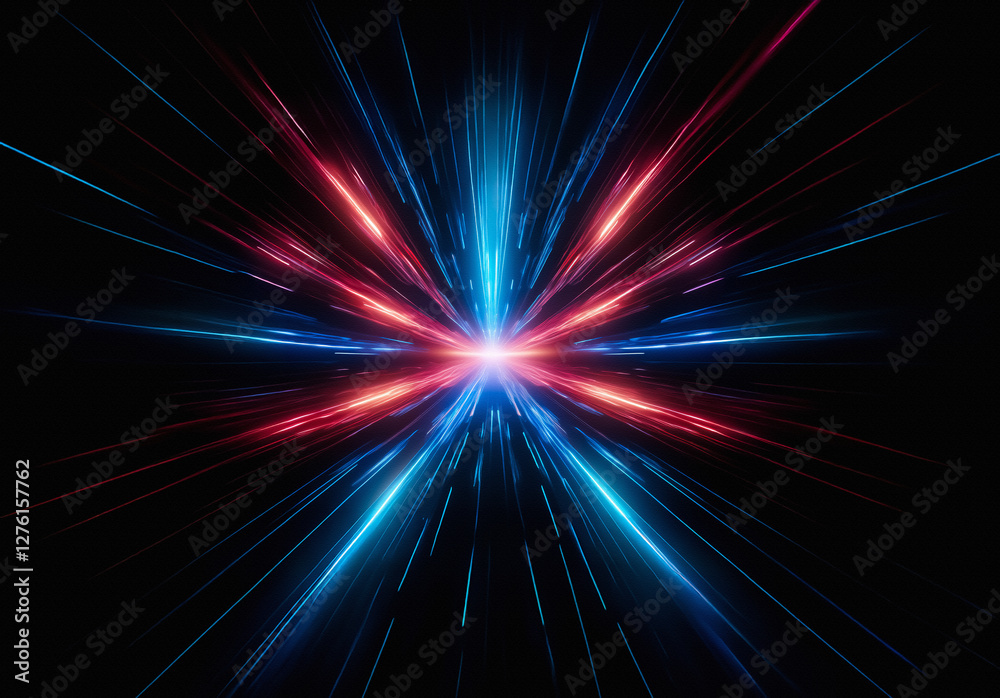 Poster vibrant blue and red light rays burst outwards from a central glowing point against a dark backdrop,