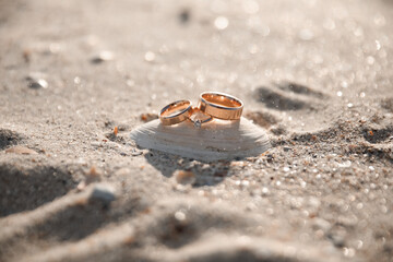 Summer wedding rings on the beach on the sand wind 