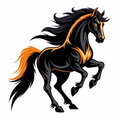 Powerful Rearing Black Stallion Vector Illustration - Orange Mane & Tail.