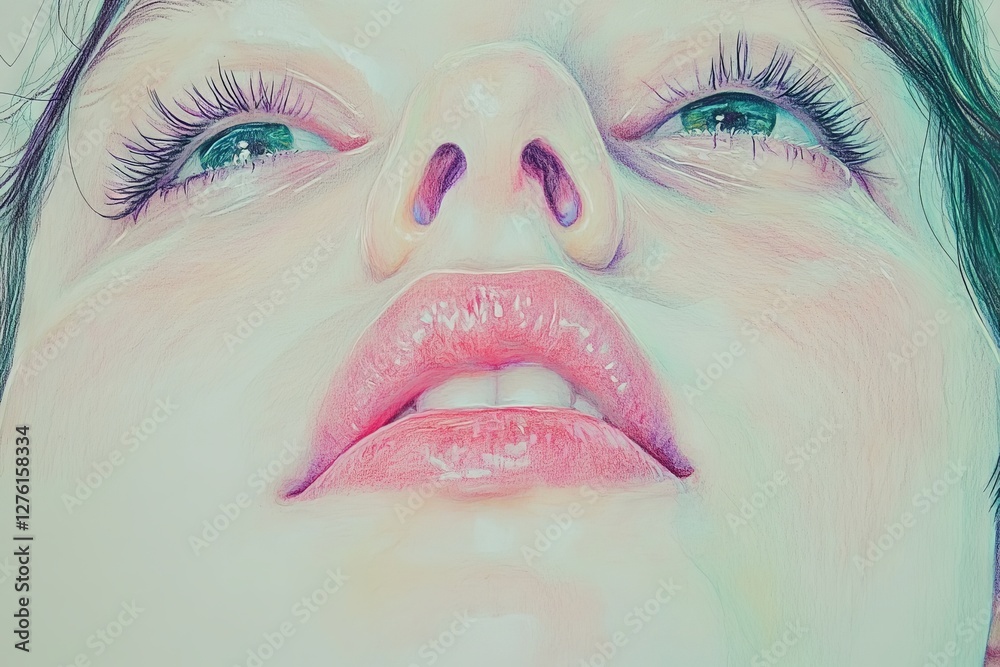 Poster Close-up view of a person's face showcasing striking features and intricate details in vivid colors and textures