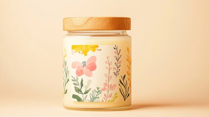 A trendy spring-themed scented candle in a glass jar, with a wooden lid and a floral label, set against a warm cream background