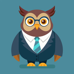 Business Owl Vector Illustration: Wise, Teal Tie, Glasses.