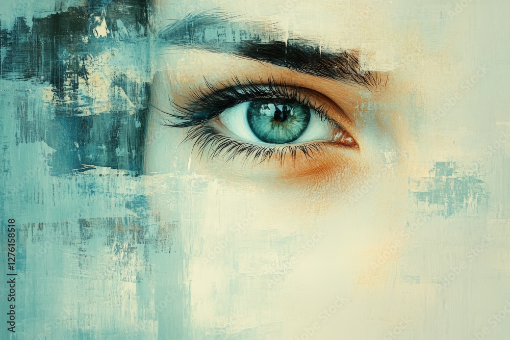 Aufkleber Captivating close-up of a vibrant blue eye with artistic brush strokes creating an intriguing background effect