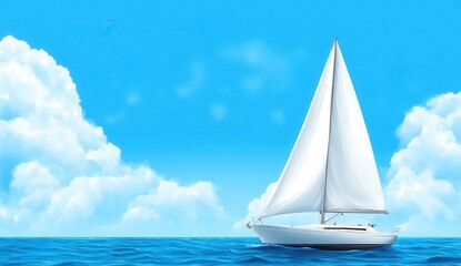 Fototapeta premium A white sailboat sails on a blue ocean beneath a bright sky adorned with fluffy white clouds. A peaceful summer seascape