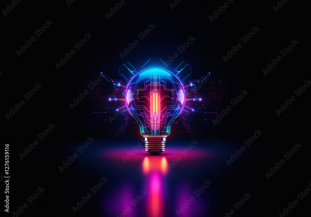 Leinwandbilder futuristic glowing lightbulb with neon circuit board pattern against a dark background. bright vibra